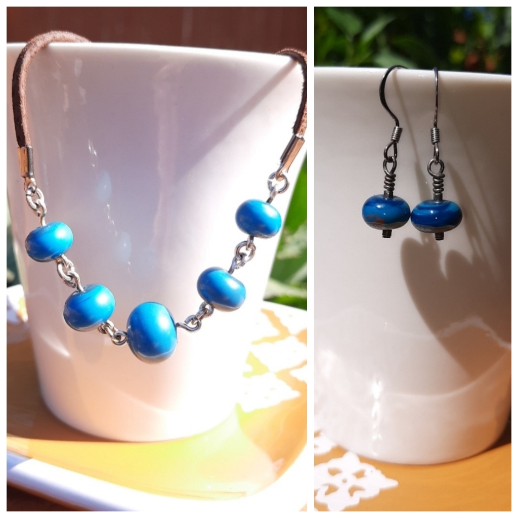 Teal Glass Earrings & Blue Glass Leather Necklace Bundle